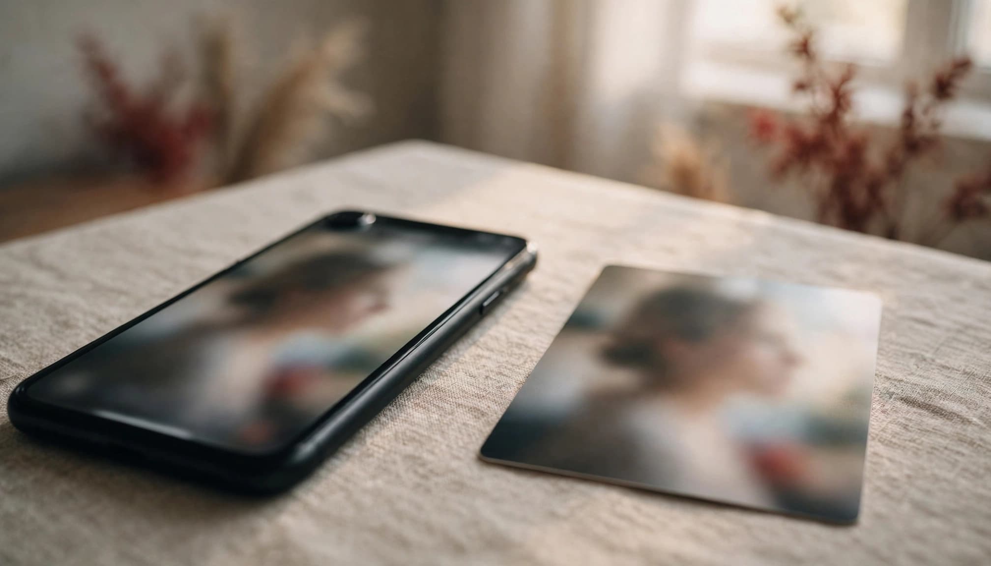 A smartphone and a printed photo card on a textured tabletop.
