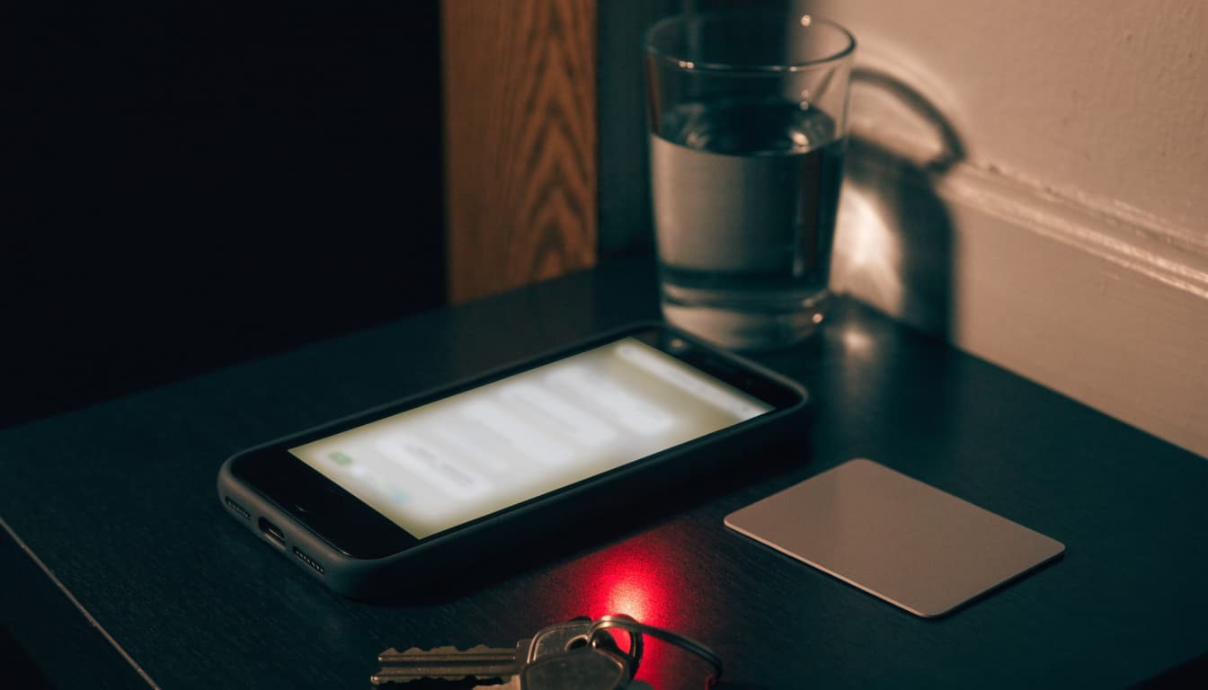 A still life shows a smartphone, payment card, keys, and glass of water on a dark table.
